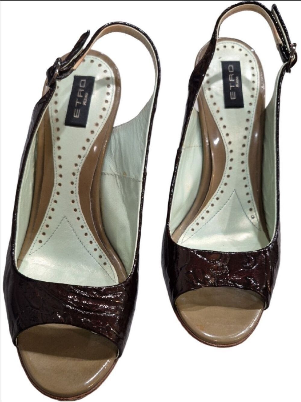 Etro Brown Patent Leather Peep-Toe Slingback Heels Size 36